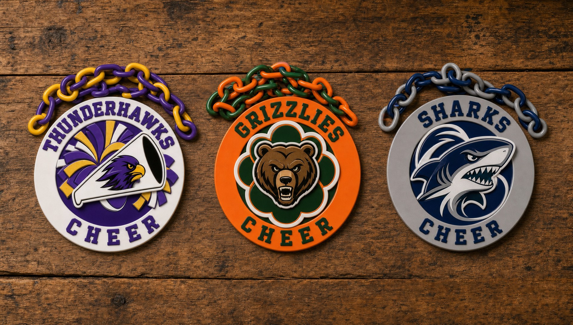 Three example custom spinner cheer necklaces with team mascots and colors